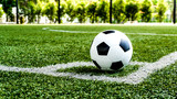 Fototapeta Sport - soccer Football on Corner kick line of ball and a soccer field , football field , background texture