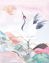 Abstract Watercolor Background With Crane. Japan Design. Hand Drawn Illustration