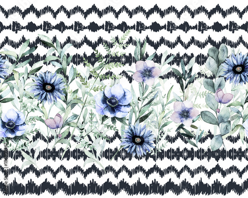 Watercolor seamless border pattern. Summer flower background. Hand drawn illu...