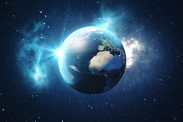 Wall Mural - 3d rendering world globe from space in a star field showing night sky with stars and nebula. view of
