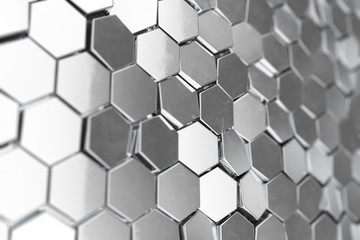 Poster - Silver abstract hexagonal background with depth of field effect. Structure of a large number of hexagons. Steel honeycomb wall texture, shiny hexagon clusters background, 3D rendering