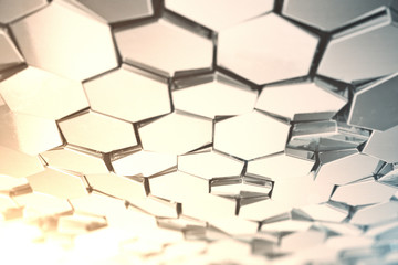 Poster - Futuristick abstract hexagonal background with depth of field effect. Structure of a large number of hexagons. Steel honeycomb wall texture, shiny hexagon clusters background, 3D rendering