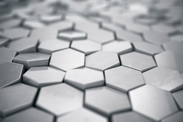 Poster - Silver abstract hexagonal background with depth of field effect. Structure of a large number of hexagons. Steel honeycomb wall texture, shiny hexagon clusters background, 3D rendering