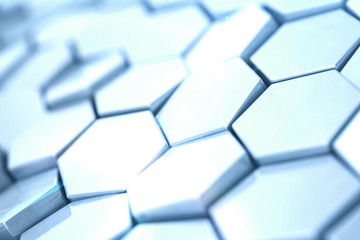 Poster - Futuristick abstract hexagonal background with depth of field effect. Structure of a large number of hexagons. Steel honeycomb wall texture, shiny hexagon clusters background, 3D rendering