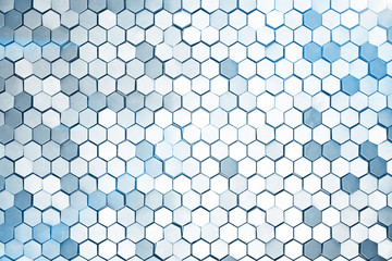 Poster - Futuristick abstract hexagonal background with depth of field effect. Structure of a large number of hexagons. Steel honeycomb wall texture, shiny hexagon clusters background, 3D rendering