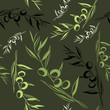 Green olives seamless pattern. Vector illustration on dark green background