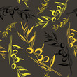 Olives seamless pattern. Vector illustration on dark brown background
