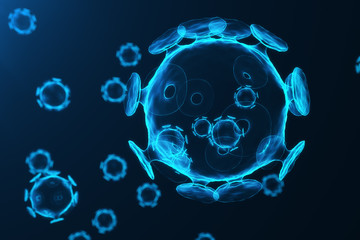 Wall Mural - viruses in infected organism, viral disease epidemic, virus abstract on blue glowing tint background