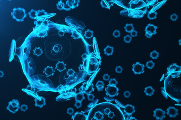 Wall Mural - viruses in infected organism, viral disease epidemic, virus abstract on blue glowing tint background