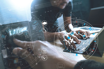 Poster - Developing programming and coding technologies. Website Team design. Cyber space content.Big data concept with VR diagram.