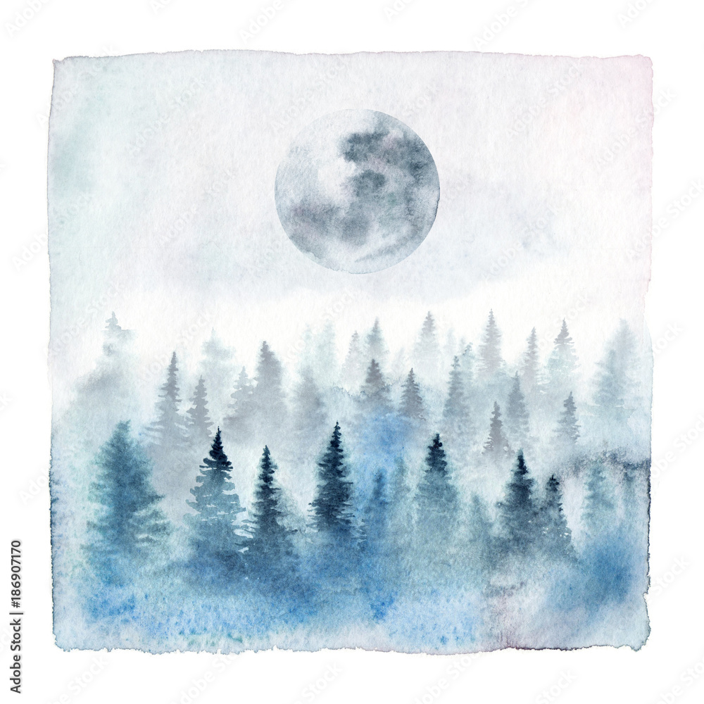 Watercolor painting of a foggy forest with spruce trees and full moon ...