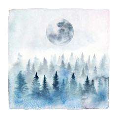 Wall Mural - watercolor painting of a foggy forest with spruce trees and full moon. hand painted winter landscape