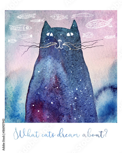 what-cats-dream-about-watercolor-illustration-of-a-dreamy-cat-hand-drawn-fishes-on-the-background-and-a-text-below-it-can-be-a-birthday-or-greeting-card