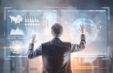 Poster - Businessman with hands in the air, interface