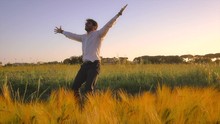 Victory. Young Businessman With Elegant Suit And Briefcase Exulting Celebrating In The Middle Of Green Golden Wheat Field In The Nature At Sunset Slow Motion Steadycam Revolving Dolly