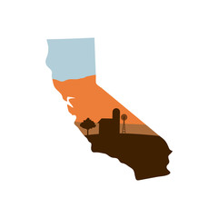 california state shape with farm at sunset w windmill, barn, and a tree
