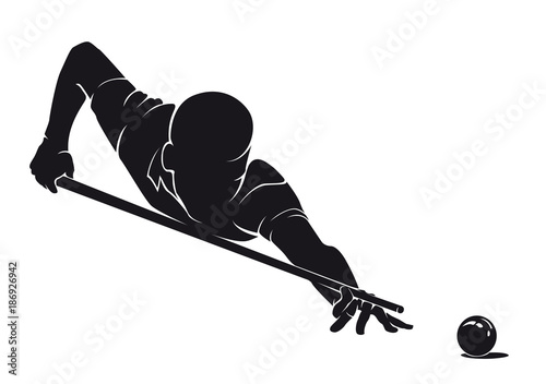 Fotografie, Obraz Billiard player with cue and ball silhouette