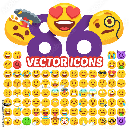 Download Set of vector emoticons. 86 Emoji pack in cartoon flat ...