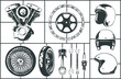 Motorcicle logo modeling elements set. Motor, wheel, chain, gearwheel, helmet, piston, wrench, spark plug. Vintage Motor Club Sign and Label set on white background. Emblem of bikers and riders.