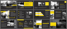 Black Yellow Presentation Templates And Infographics Elements Background. Use For Business Annual Report, Flyer, Corporate Marketing, Leaflet, Advertising, Brochure, Modern Style.