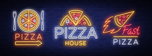 Pizza Set Of Logos, Emblems, Neon Signs. Collection Of Logos In Neon Style, Bright Neon Sign Advertising Food Italian, Pizza, Appetizer, Cafe, Bar And Restaurant. Vector Illustration