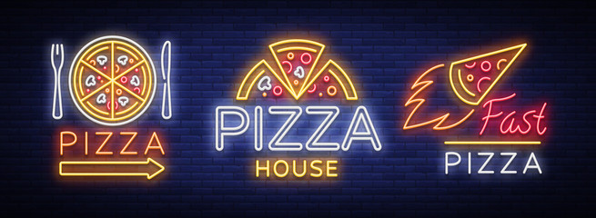 Wall Mural - Pizza set of logos, emblems, neon signs. Collection of logos in neon style, bright neon sign advertising food Italian, Pizza, appetizer, cafe, bar and restaurant. Vector illustration