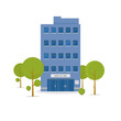Business building in green recreation park zone. Downtown office with board, and big central entrance and green trees near building. Urban architecture concept. Flat style vector illustration.