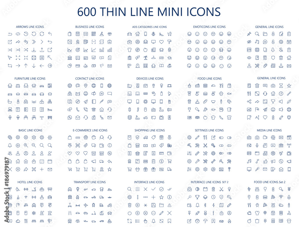 600 vector thin line mini icons set. Thin line simple outline icons, 24x24px grid. Pixel Perfect. Editable stroke. - obrazy, fototapety, plakaty 