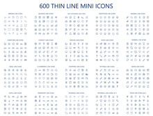 600 Vector Thin Line Mini Icons Set. Thin Line Simple Outline Icons, 24x24px Grid. Pixel Perfect. Editable Stroke.