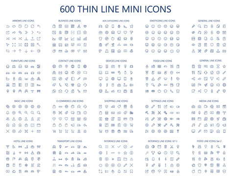 600 vector thin line mini icons set. thin line simple outline icons, 24x24px grid. pixel perfect. ed