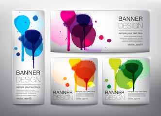 Wall Mural - Collection of paper banners with watercolor stains in 4 different colors. Isolated on the white background. Each item contains space for own text. Vector illustration. Eps10.