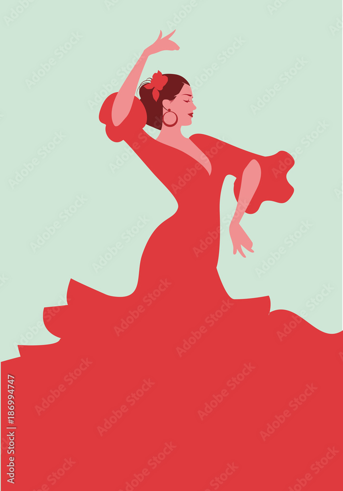 Beautiful Spanish flamenco dancer, wearing elegant red dress and flower in her hair - obrazy, fototapety, plakaty 