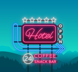 Wall Mural - Hotel is a neon sign. Vector illustration. Retro signboard, billboard indicating the hotel, nightlight bright neon advertising of the hotel, luminous billboard, a bright banner for your projects