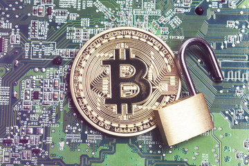 Poster - bitcoin security concept. Gold coin with padlock