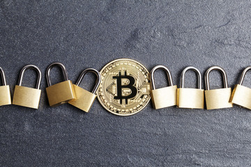Poster - bitcoin security concept. Gold coin with padlock