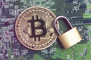 Poster - bitcoin security concept. Gold coin with padlock