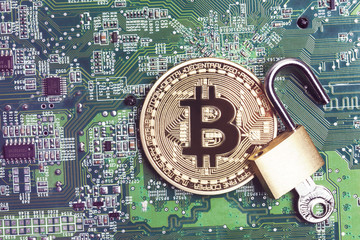 Poster - bitcoin security concept. Gold coin with padlock