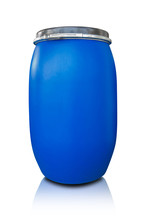 Blue Drum Being Use In Chemical And Oil Industrial For Storage Hazardous Waste And Chemical Isolate On White Background.