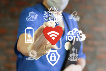 Poster - Wireless WIFI Connection Cardiology Health Care concept. Doctor offers heart with wi-fi symbol on a virtual interface. Smart Cardio Surgery IOT AI Technology.