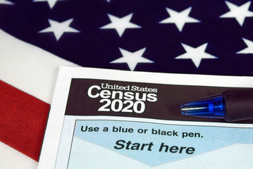 Wall Mural - close up of 2020 census document form and ballpoint pen on American flag