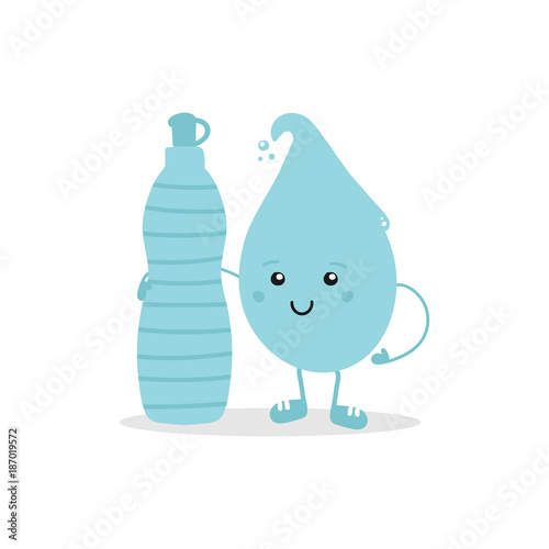 Cute Cartoon Water Drop Hugging Bottle Of Water Concept Of Drink