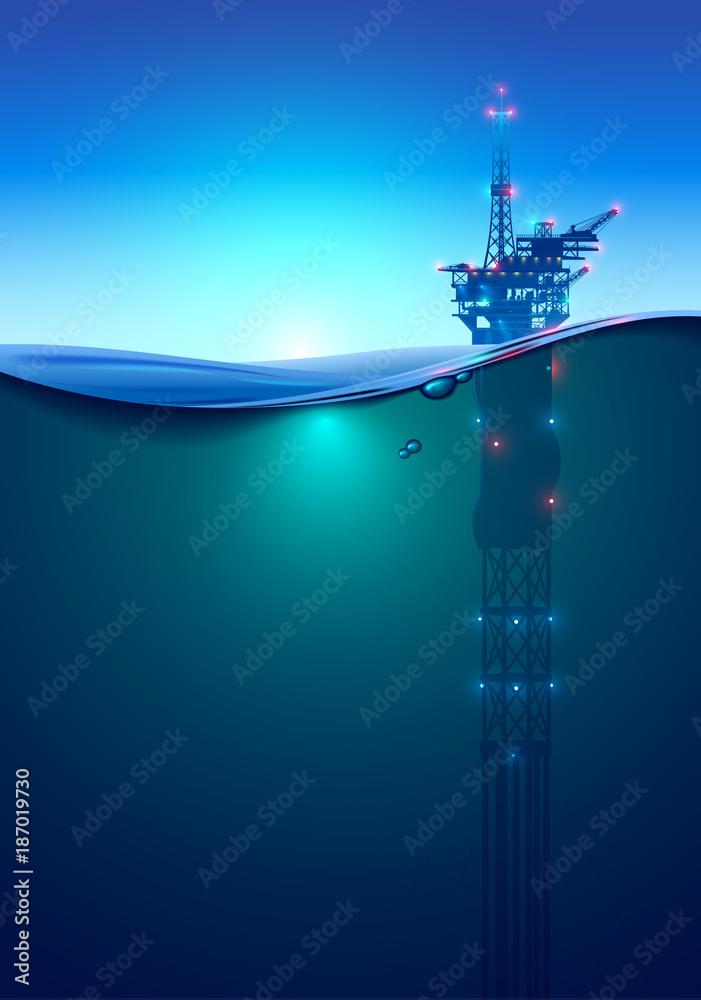 Oil offshore Drilling Platform in the ocean at dawn. Beautiful background for oil industry. Oil rig in the light of lanterns and spotlights. Split view over and under water surface. Classic spar. - obrazy, fototapety, plakaty 