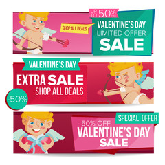 Sticker - Valentine s Day Sale Banner Vector. February 14 Cupid. Discount Tag, Special Love Offer Horizontal Banners. Valentine Discount And Promotion. Half Price Romantic Stickers. Isolated Illustration