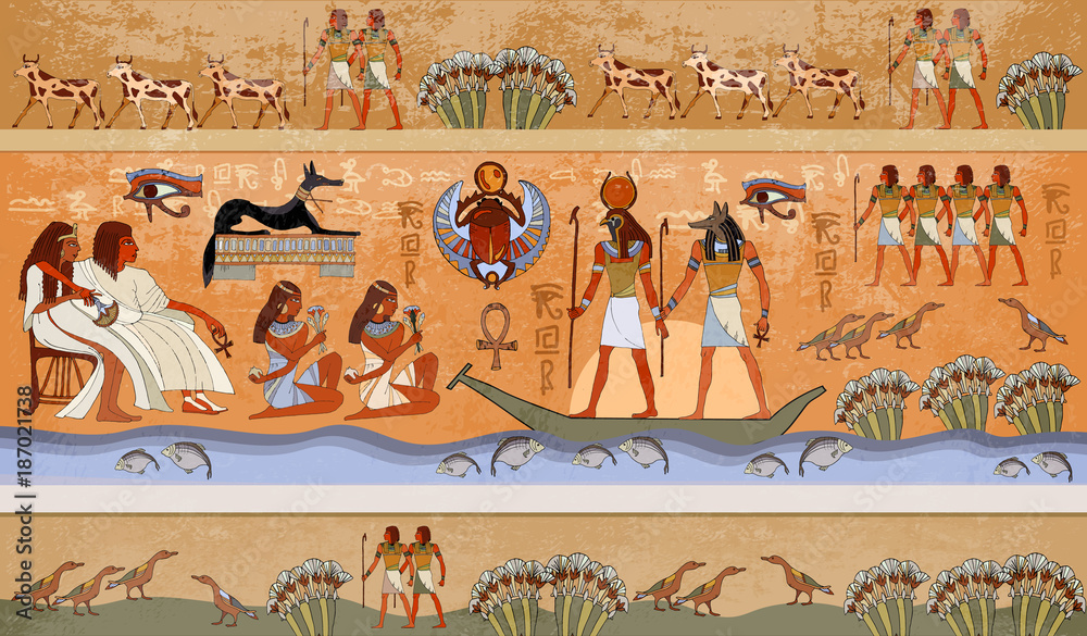 Ancient Egypt scene, mythology. Egyptian gods and pharaohs. Murals ...