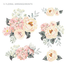 Set Of The Floral Arrangements. Pale Pink Peonies And Hydrangea With Gray Leaves. Watercolor Vector Romantic Garden Flowers.