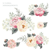 Set Of The Floral Arrangements. Pink Peony Bouquets With Gray Leaves. Watercolor Vector Illustration. Romantic Garden Flowers.
