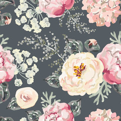 Wall Mural - Pink peonies with gray leaves on the black background. Watercolor vector seamless pattern. Romantic garden flowers illustration.