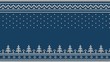 Knitted sweater ornament - spruce, falling snow, national patterns. White on a blue background.