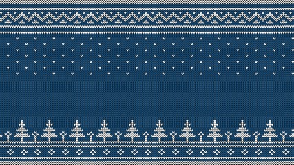 Knitted sweater ornament - spruce, falling snow, national patterns. White on a blue background.