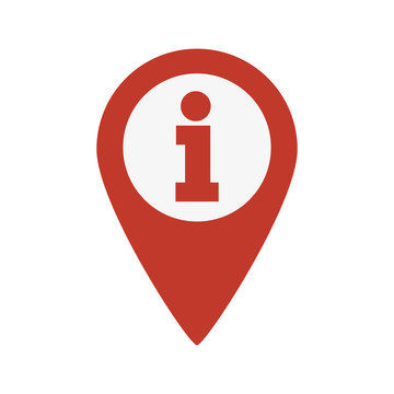 Map pointer with information icon on white background.
